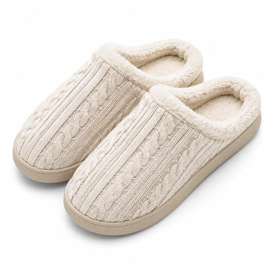 Zapatillas de casa talla 40/41 textiles beige con punto trenzado y forro afelpado
